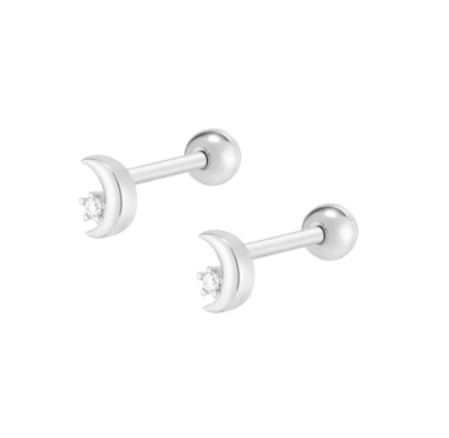 925 Sterling Silver Tiny CZ Moon Piercing Stud σκουλαρίκι με στροφικό κλείσιμο πίσω