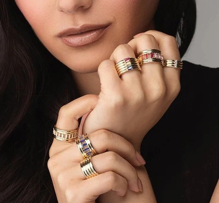 Χρυσό 18K Rainbow Baguette Cut CZ Multi Fashion 925 Στερλίνγκ Ασημένια γυναικεία δαχτυλίδια