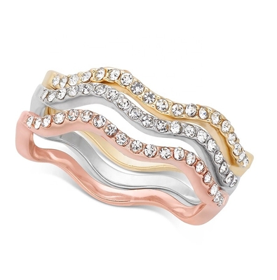 3 κομματάκια Pave Ring Set Ροδιοπεταλισμένο κύμα δαχτυλίδι Στερλίντ ασήμι