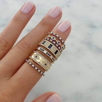 Μπλε Ζαφείρι Λευκό CZ Γυναίκες μάτι Eternity Band Brass Eternity Ring Για Γυναίκες