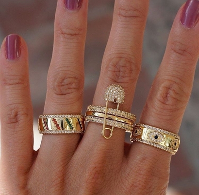 Μπλε Ζαφείρι Λευκό CZ Γυναίκες μάτι Eternity Band Brass Eternity Ring Για Γυναίκες