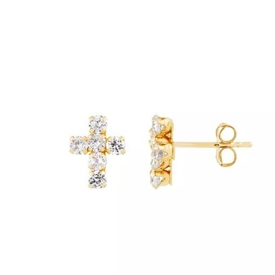 925 Sterling Silver White Cubic Zirconia Cross Button Stud Earrings με επίστρωση 18K χρυσού