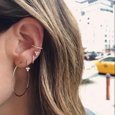 14K χρυσό ανθό Mini Huggie διαμάντι Trio Drop σκουλαρίκια Ασημένια κοσμήματα Βασικό υλικό