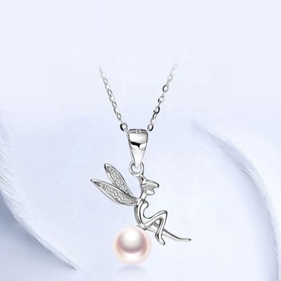 Handmade 925 Sterling Silver Pearl Inlay Angel Charm Pendant Necklace with Custom Logo Service