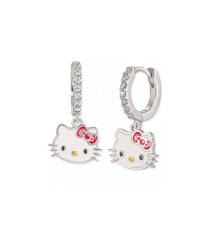 Rhodium Plated Hello Kitty Dangle Hoop Earrings in Sterling Silver with CZ and Enamel
