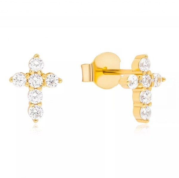 18K Χρυσό επιχρισμένο Μικρόν Pave Cross Stud σκουλαρίκι σε 925 Sterling Ασημένιο για κορίτσια