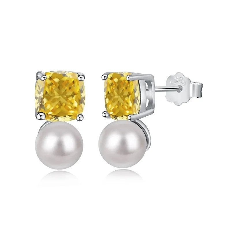 925 Sterling Silver Freshwater Pearl Stud Earrings with Cushion Cut Zircon for Women