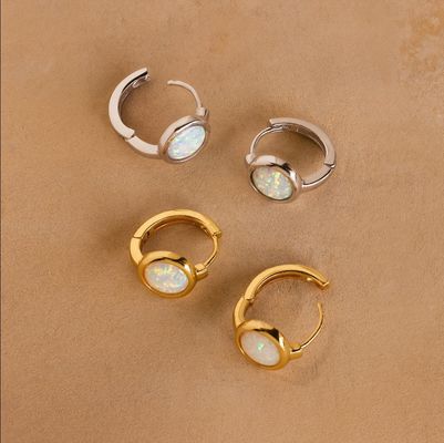 925 Sterling Silver 18K Gold Opal Signet Huggies Earrings For Women Fine Jewelry