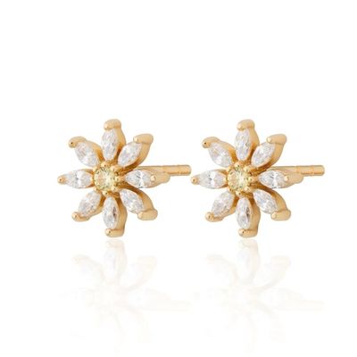 925 Ασημένιο 18K Χρυσό επιχρυσωμένο λουλούδι Design Stud σκουλαρίκια με Marquise Κόψιμο και τοποθέτηση νύχια