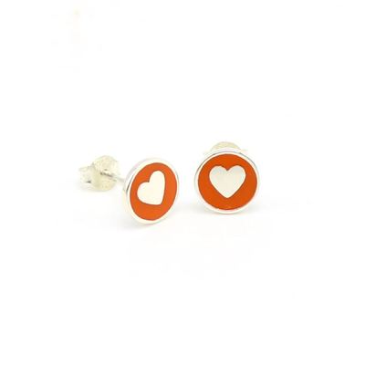 Σκουλαρίκια καρφωτά 925 Sterling Silver 8mm με καρδιά και ροζ σμάλτο